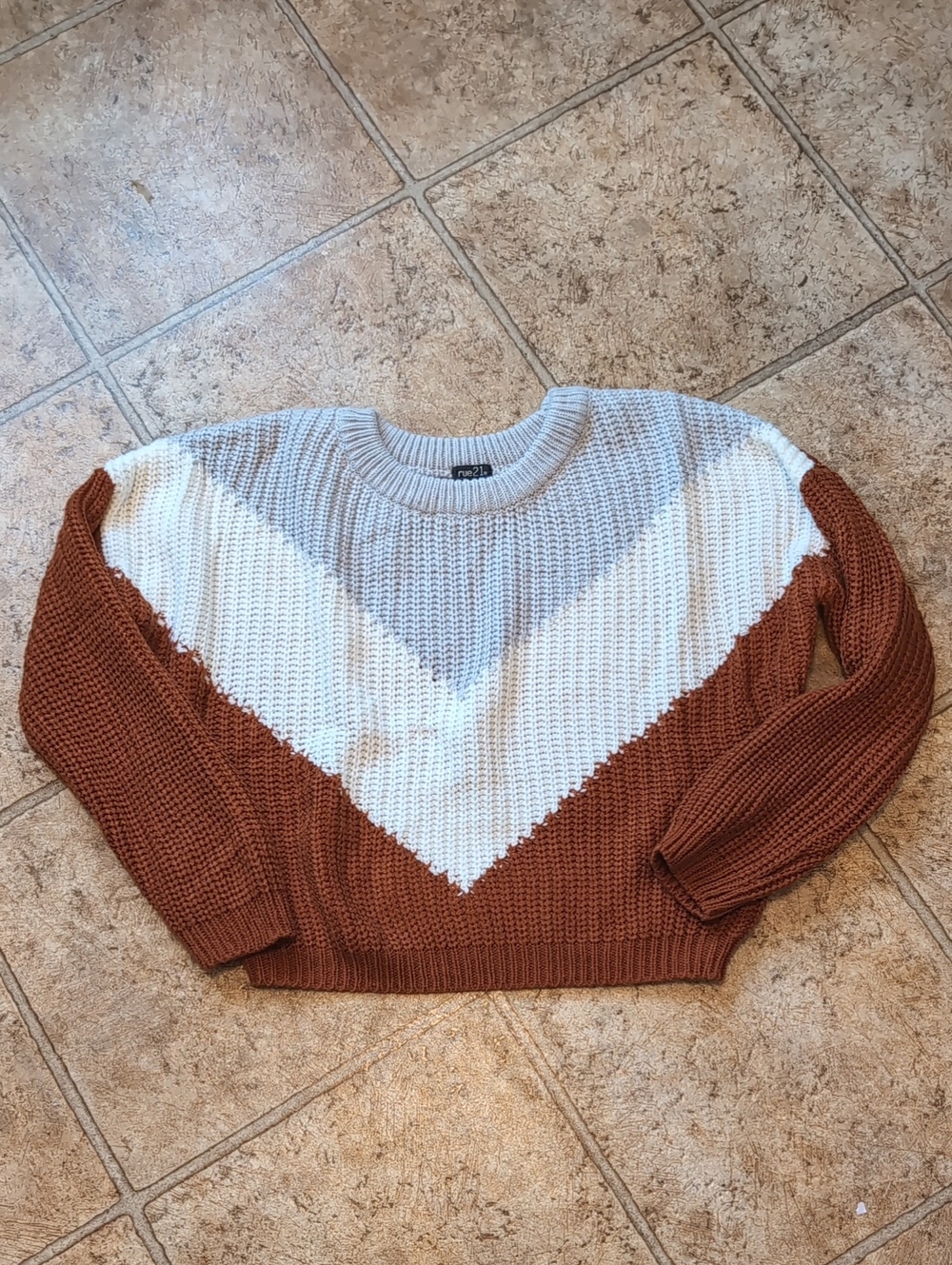Rue21 Chevron Colorblock Crew Sweater - Cream, Gray & Rust
